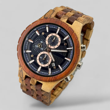 XXL Herenhorloge – TimberWood Blueline™ | Gekruist Zebra & Rood Sandelhout