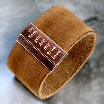 Brede leren armband + gravure (brons, goudkleurig of zilverkleurig)