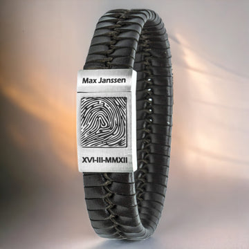 Vingerafdruk op Armband - Gevlochten leer (Zwart / Bruin leer)