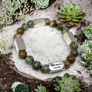 4 Naamschakels - Kralen armband: Green Sparrow Agaat