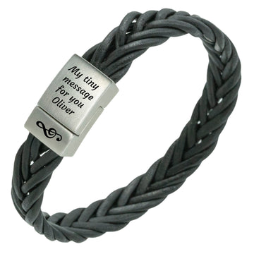 Edelstalen Armband met gravure - gevlochten leer