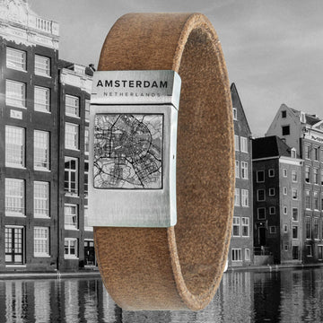 Kaartarmband <b>Beige</b> leer met eigen woonplaats