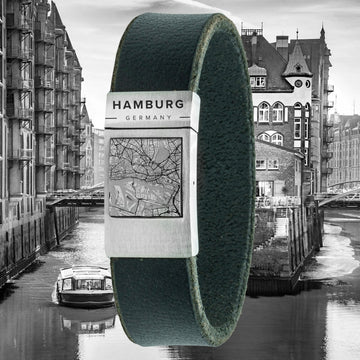 Kaart (Hamburg) op armband - Zwart leer met je eigen dorp