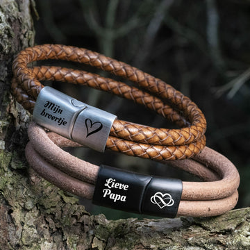 Dubbel gevlochten leren armband met gravure