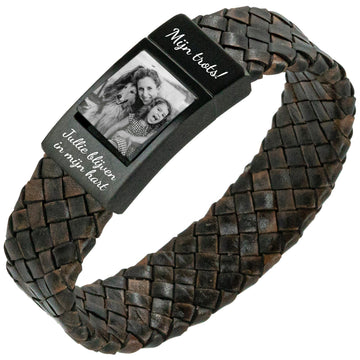 Fotoarmband Dames <b>Gevlochten bruin</b> leer - Eigen Foto op armband