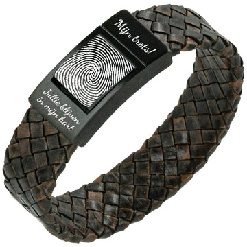 Vingerafdruk armband - <b>Bruin gevlochten</b> leer met Zwarte schakel