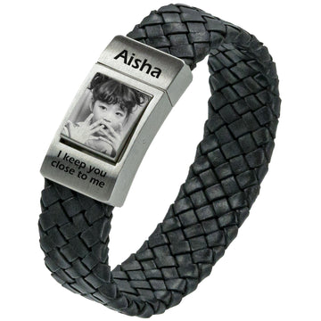Eigen Foto op armband - Gevlochten zwart leren Armband met Foto afdruk
