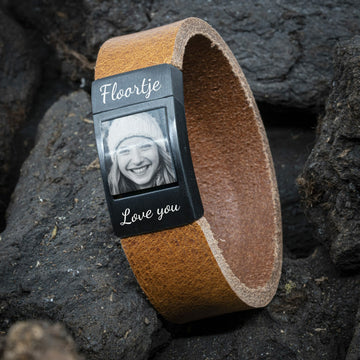 Foto op armband Love You - <b>Cognac</b> leren Armband met Foto gravure
