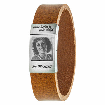 <b>Cognac leren</b> Fotoarmband met eigen foto