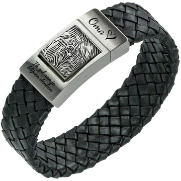 Vingerafdruk armband - <b>Zwart gevlochten</b> leer