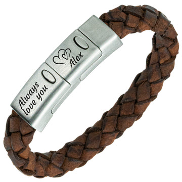 Gravure Triple armband + Gevlochten bruin leren bandje met Hartjes