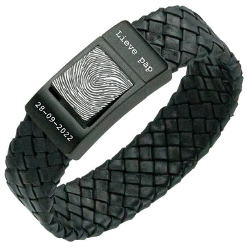 Papa Vingerafdruk armband - <b>Zwart gevlochten</b> leer