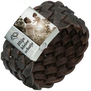 Fotoarmband gevlochten leer Bruin of Zwart - Eigen Foto op armband