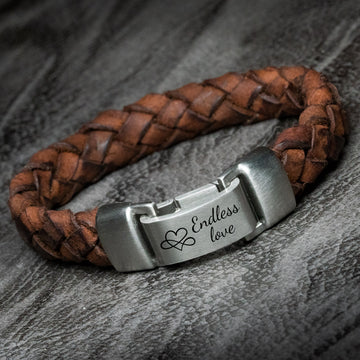 Graveerbare armband met gevlochten bruin Valiano™ leer 'Endless Love'