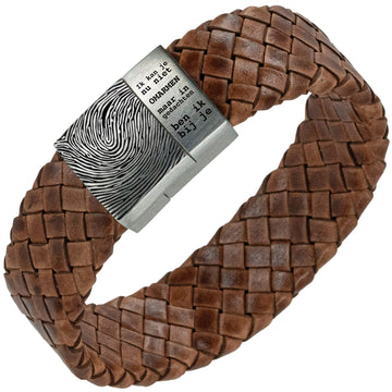 Vingerafdruk op armband maken - bruin <b>Gevlochten</b> leren Armband