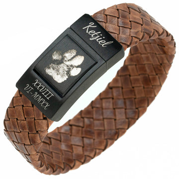 Pootafdruk armband - Gevlochten bruin leer (Hond of Kat)
