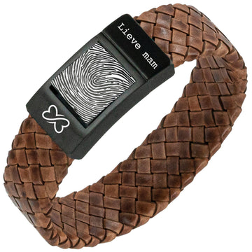 Mama Vingerafdruk armband - Bruin gevlochten leer