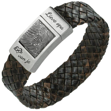 'Lieve opa' Vingerafdruk armband - Bruin gevlochten leer