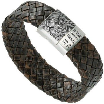 Vingerafdruk op armband maken - bruine <b>Gevlochten</b> leren Armband