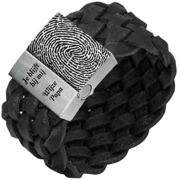 Vingerafdruk op je armband - Zwart of bruin gevlochten leren Armband
