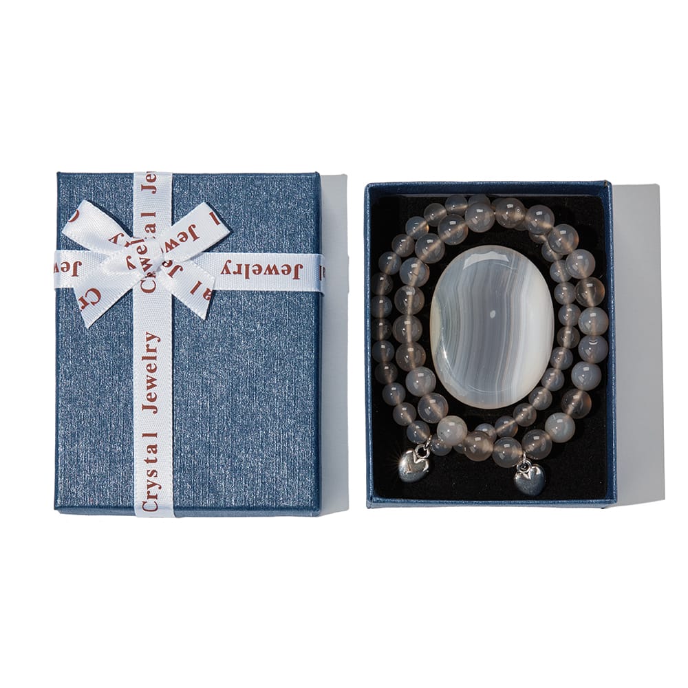 2 Grijze Agaat Kralen Armbanden incl. Edelsteen & cadeaudoosje