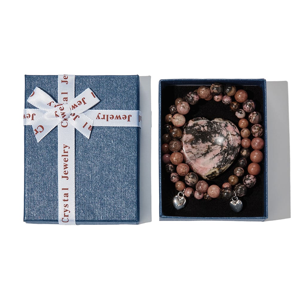 2 Rhodoniet Armbanden met Hartje Edelsteen (incl. cadeaudoosje)