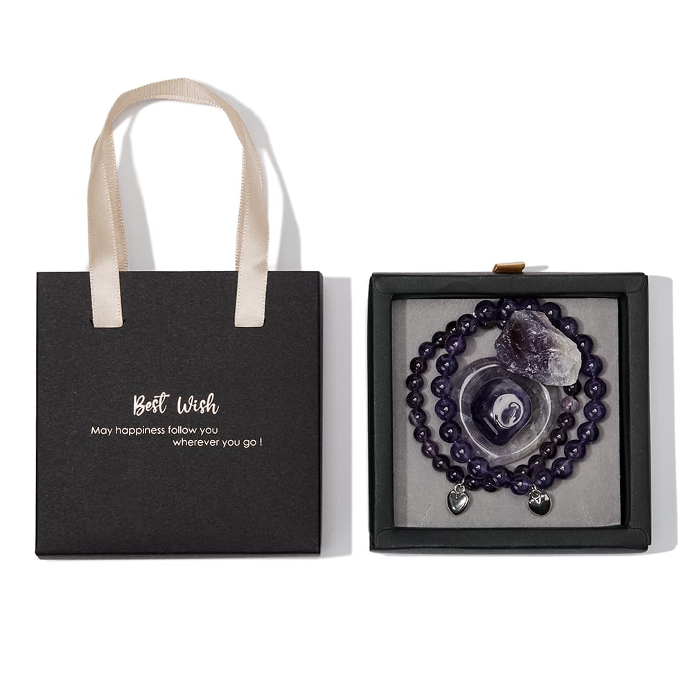 Amethist Geschenkset: 2 Armbanden + 3 Luxe Edelstenen in cadeauverpakking