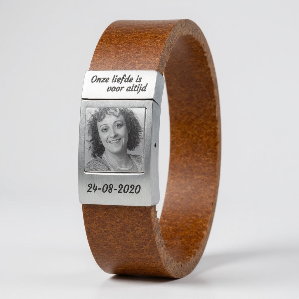 Grijze leren Fotoarmband met eigen foto