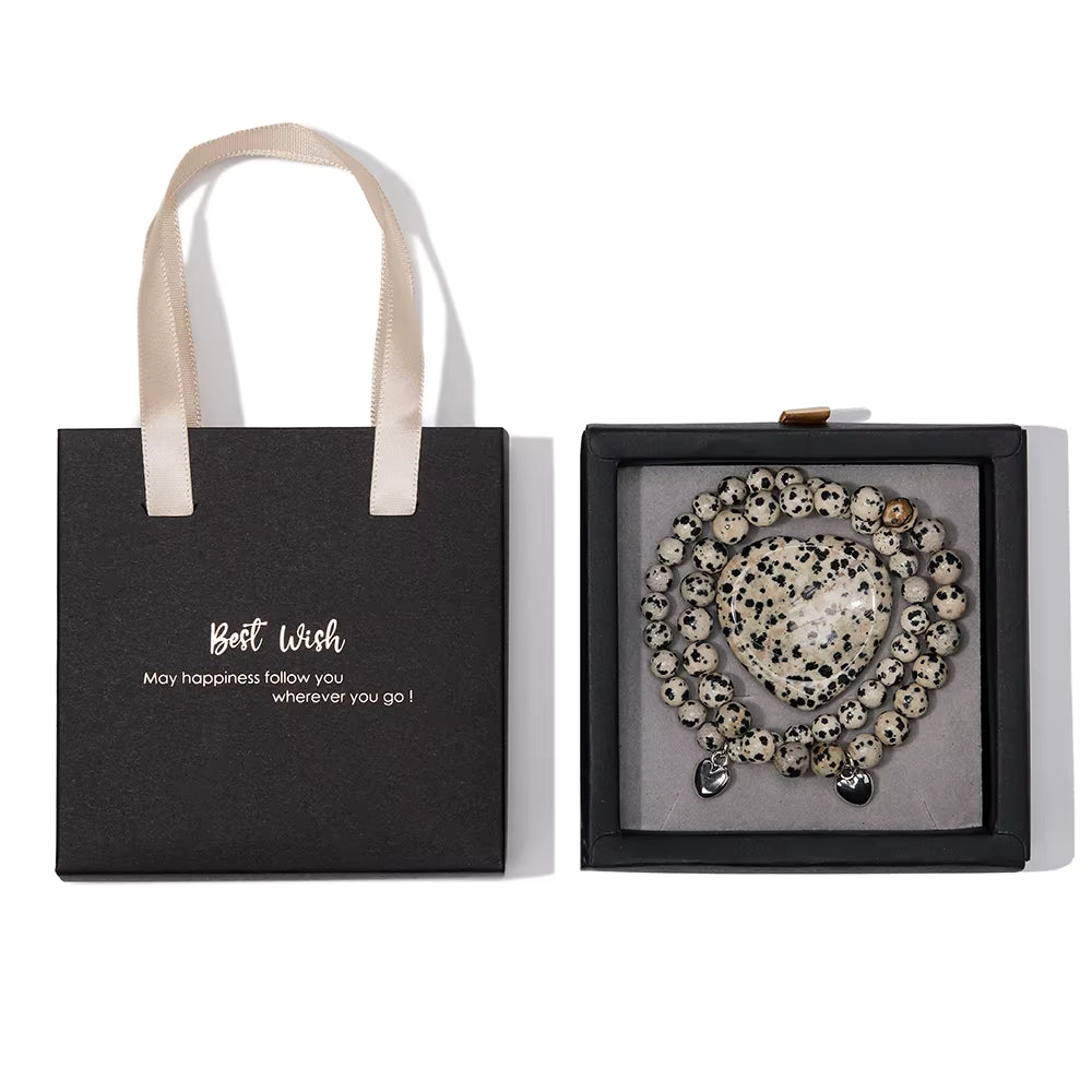 2 Dalmatian Jasper Armbanden – Luxe Cadeauset met Hartvormige Steen