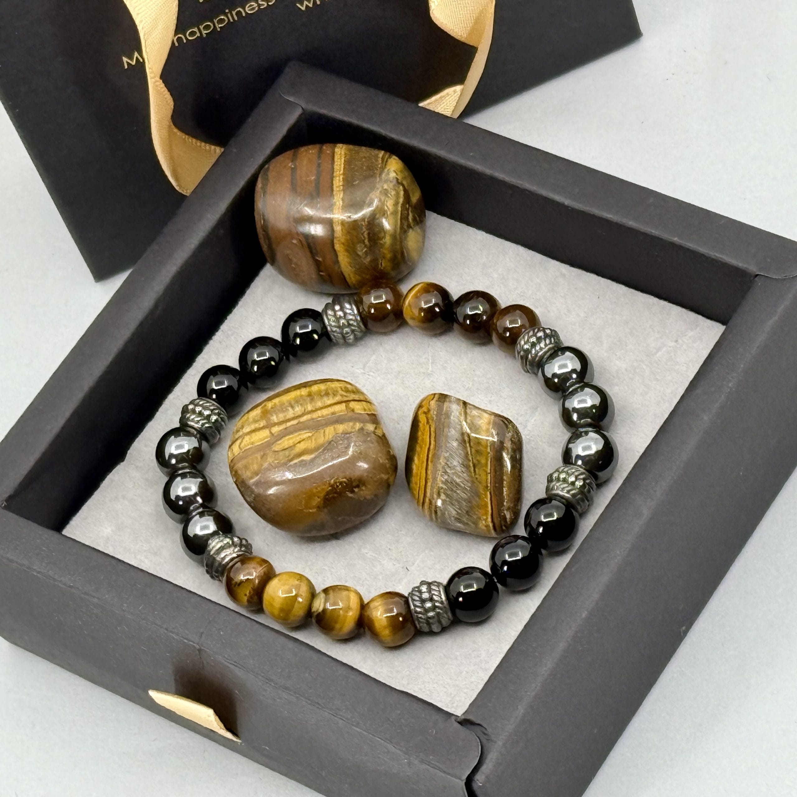 Tijgeroog, Zwart Obsidiaan & Hematiet Armband Geschenkset