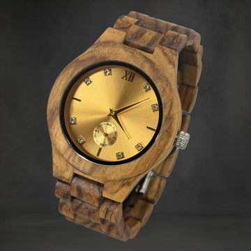 TimberWood Grace™ – Elegant Dameshorloge met Gouden Quartz Uurwerk