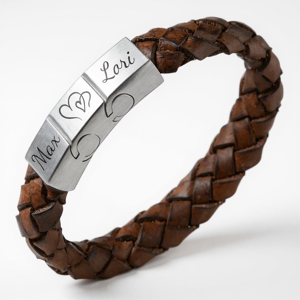 Gevlochten namen armband - bruin leer 3 schakels