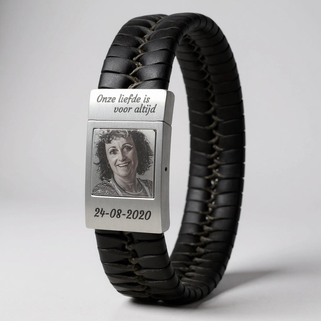 Heren fotoarmband met Gevlochten leer zwart / bruin met eigen foto