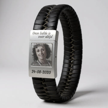 Heren fotoarmband met Gevlochten leer zwart / bruin met eigen foto