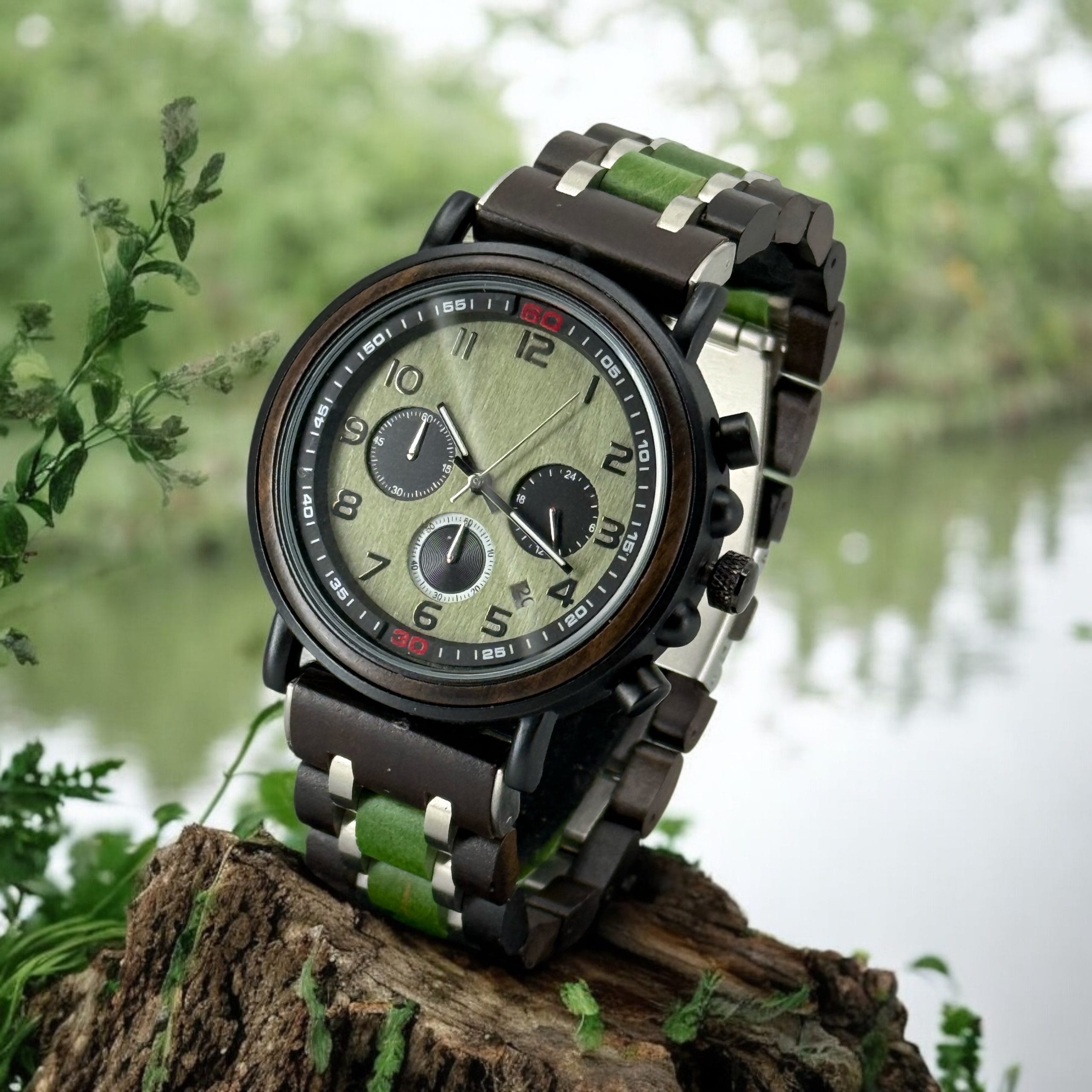 TimberWood FusionEdge™ – Herenhorloge van Zwart Metaal, Groen Hout en Sandelhout