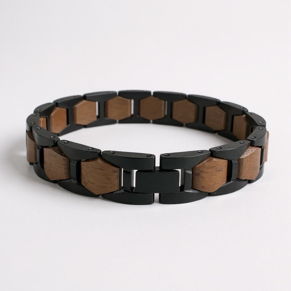 Limited Edition: Hexagon Timberwood - Walnoot Zwart RVS Armband