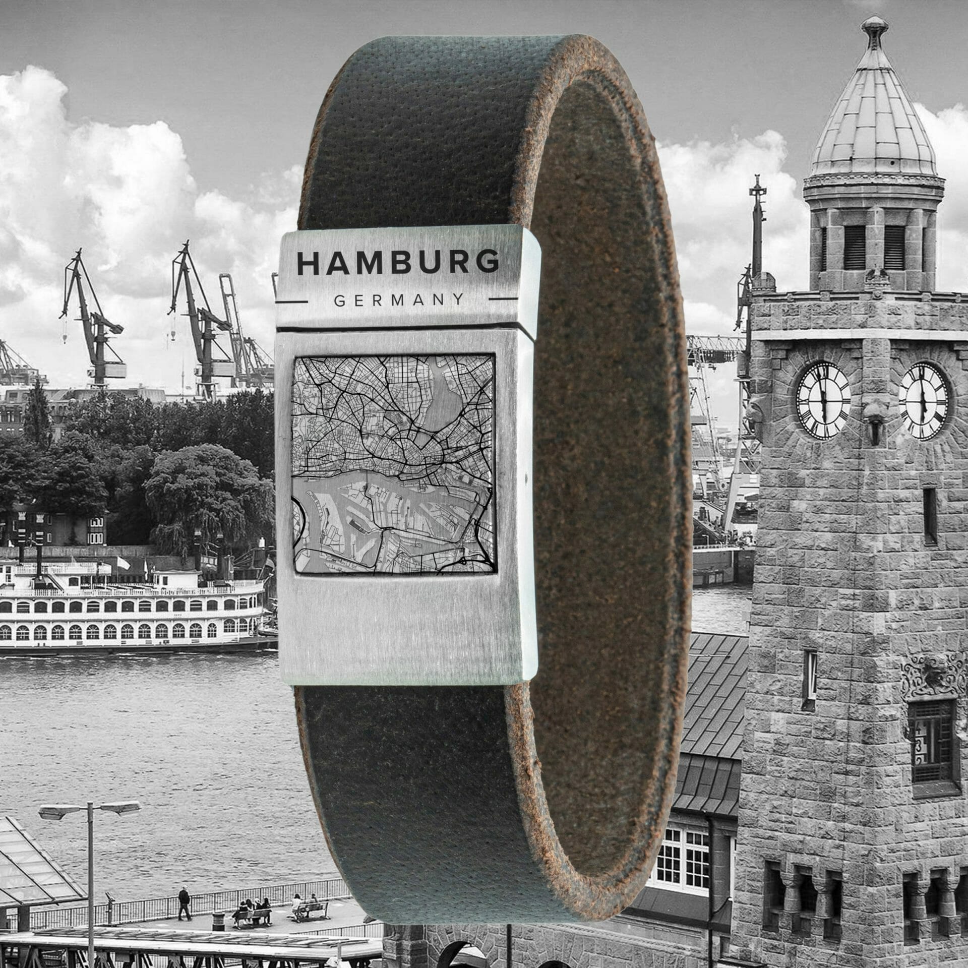 Leren kaart armband met stadsgravure – Kies je eigen stad