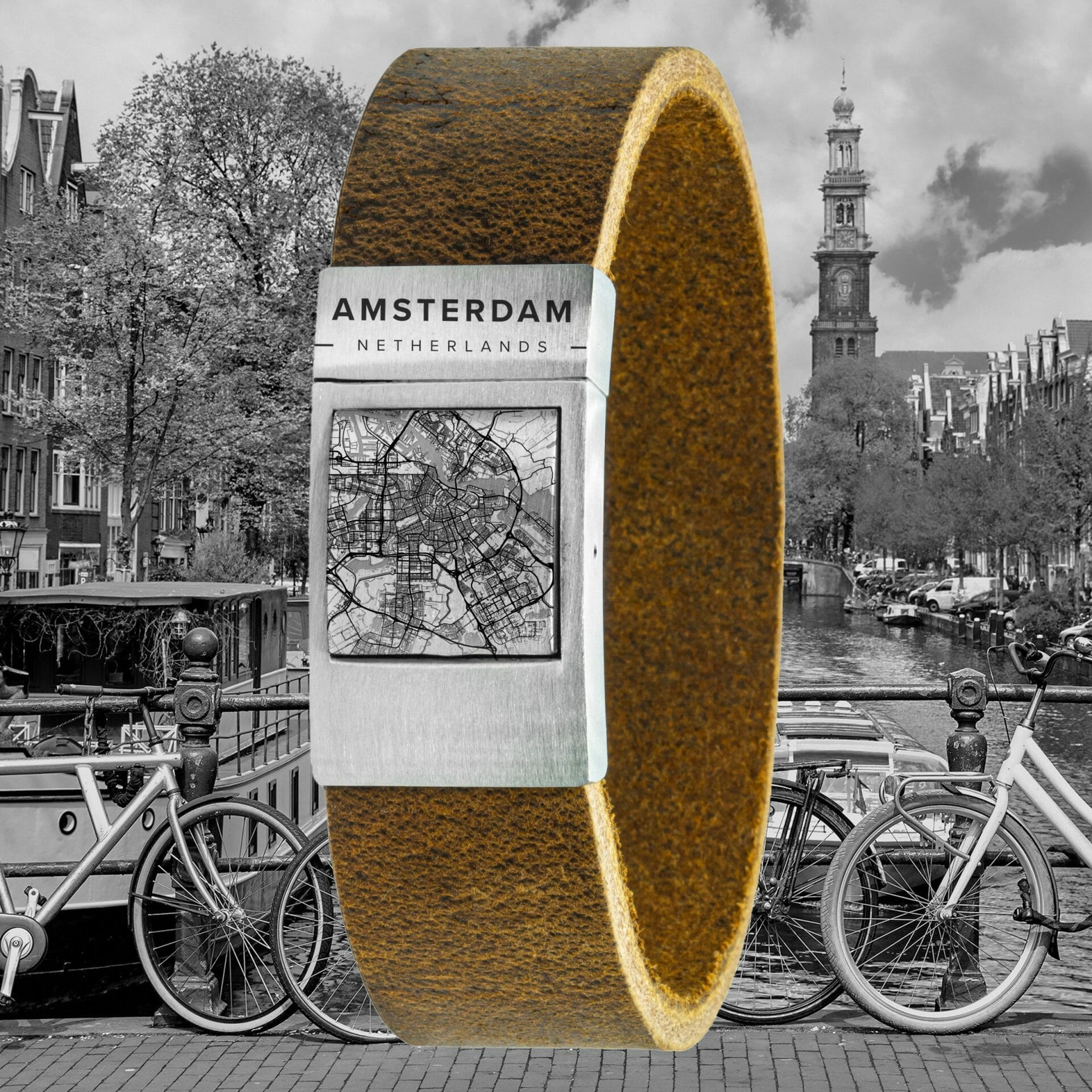 Leren kaart armband met stadsgravure – Kies je eigen stad