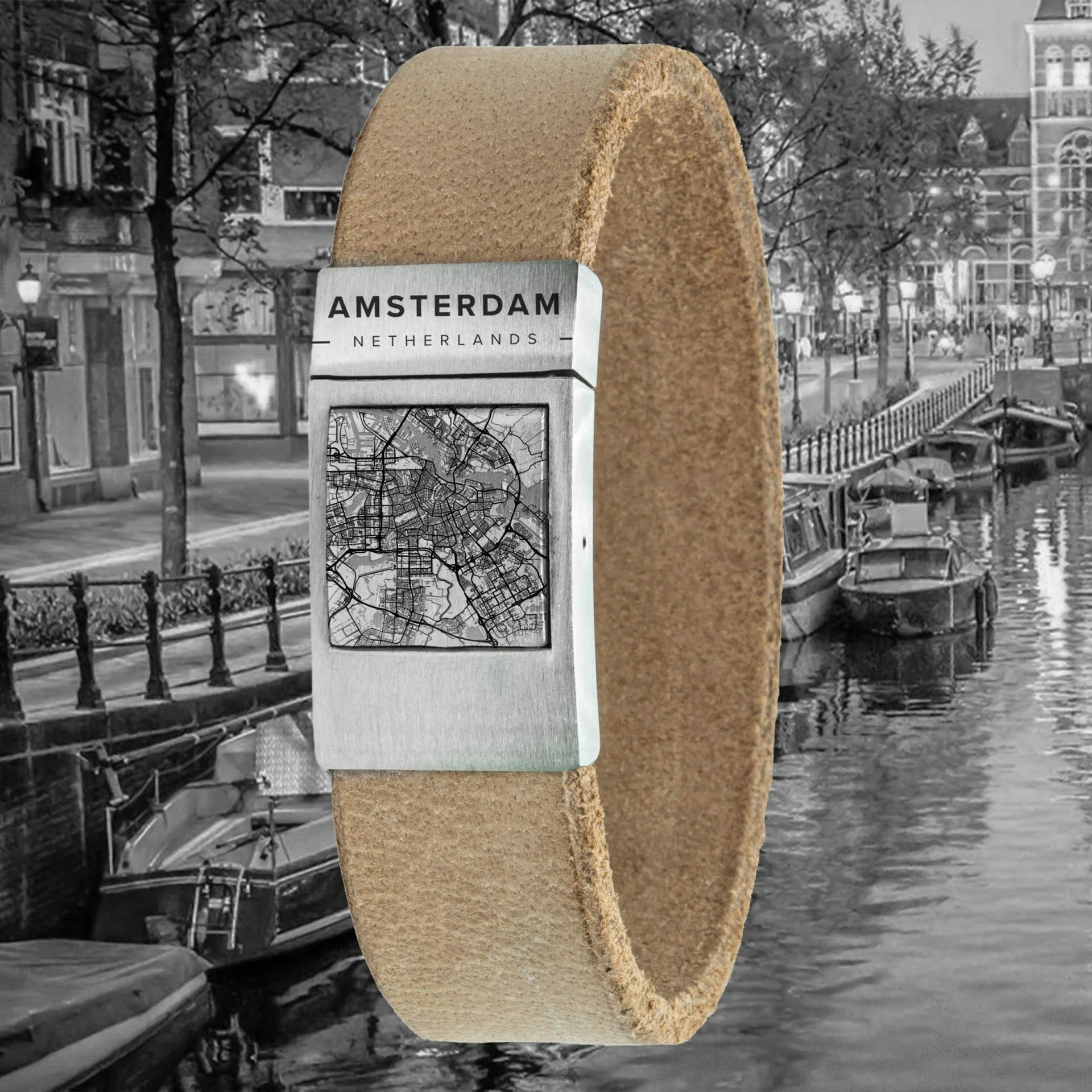 Leren kaart armband met stadsgravure – Kies je eigen stad