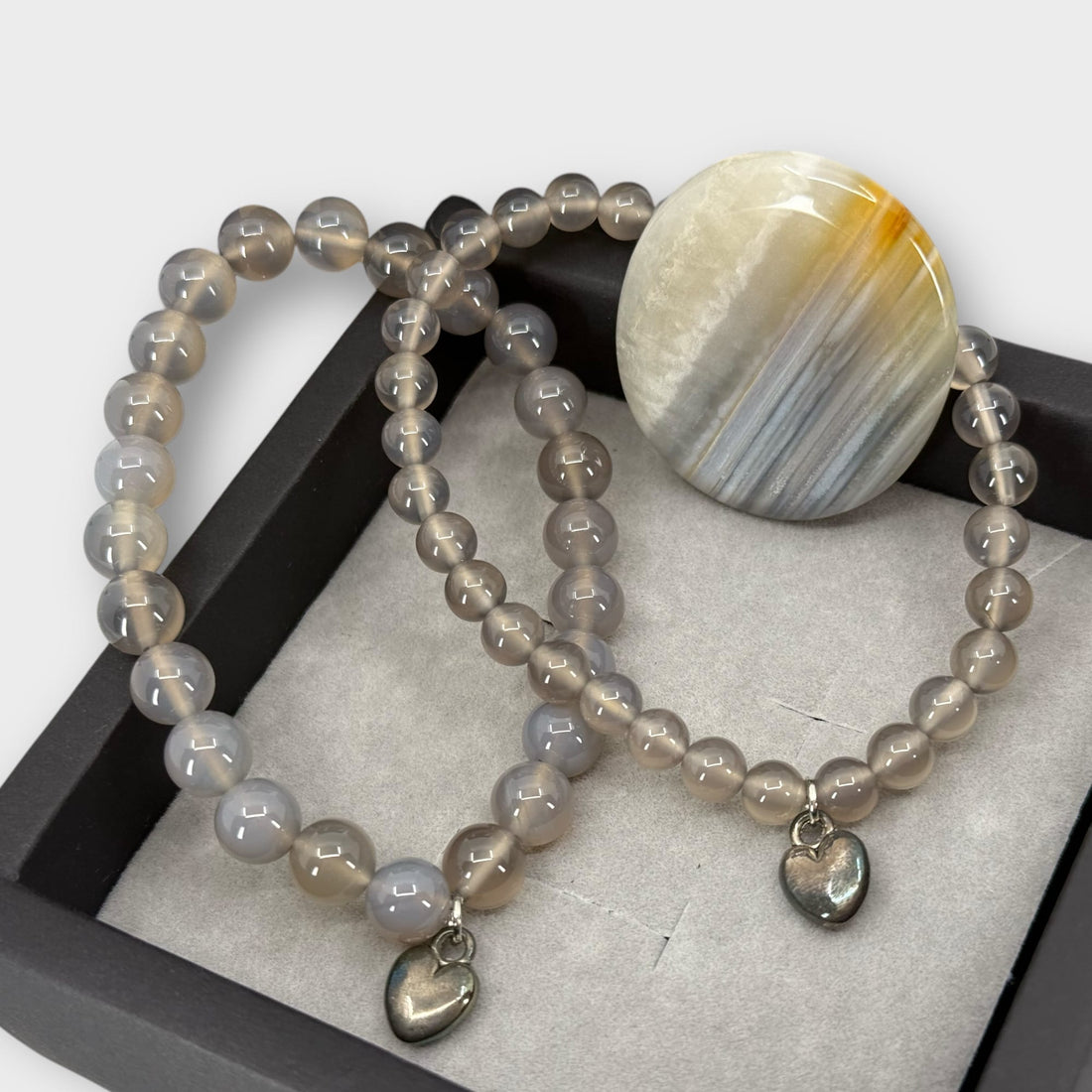 Luxe 2-delige Armbanden Set van Grijze Agaat + Geslepen Hartsteen & Geschenkdoos
