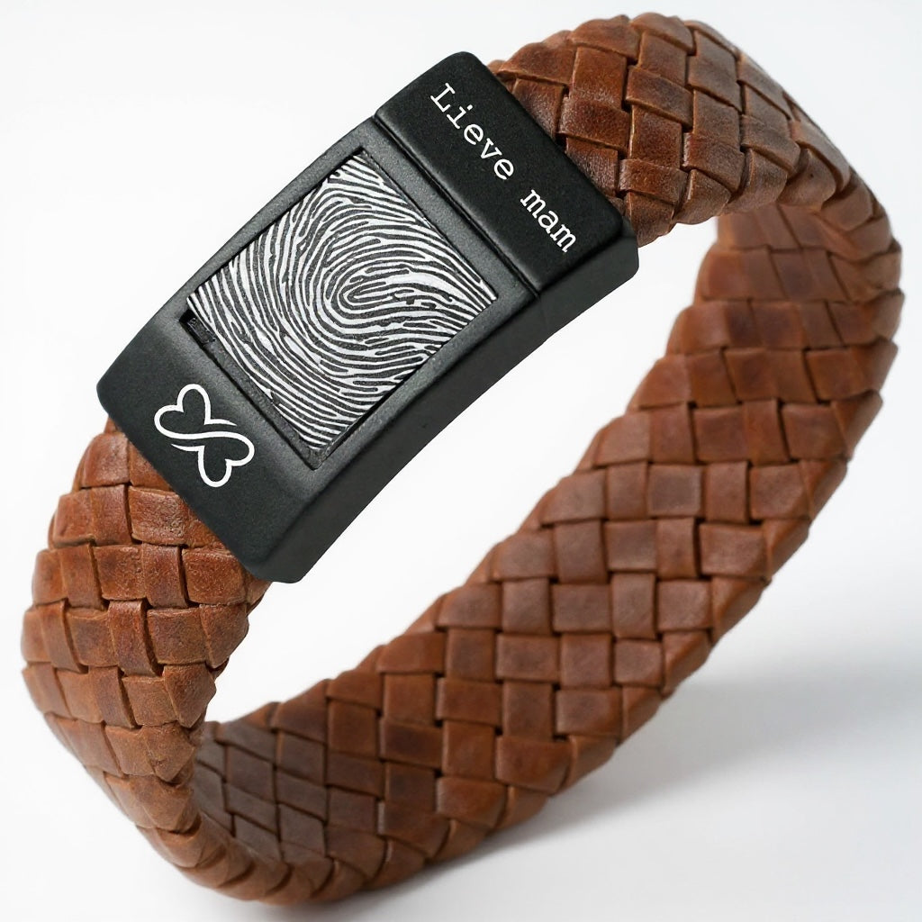Mama Vingerafdruk armband - Bruin gevlochten leer