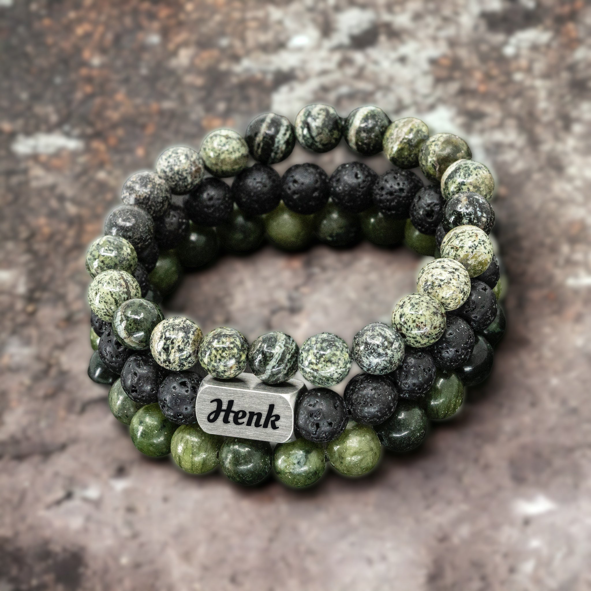 Heren 3 Armbanden Set: Zebra Stone • Lava Rock • Natural Jade