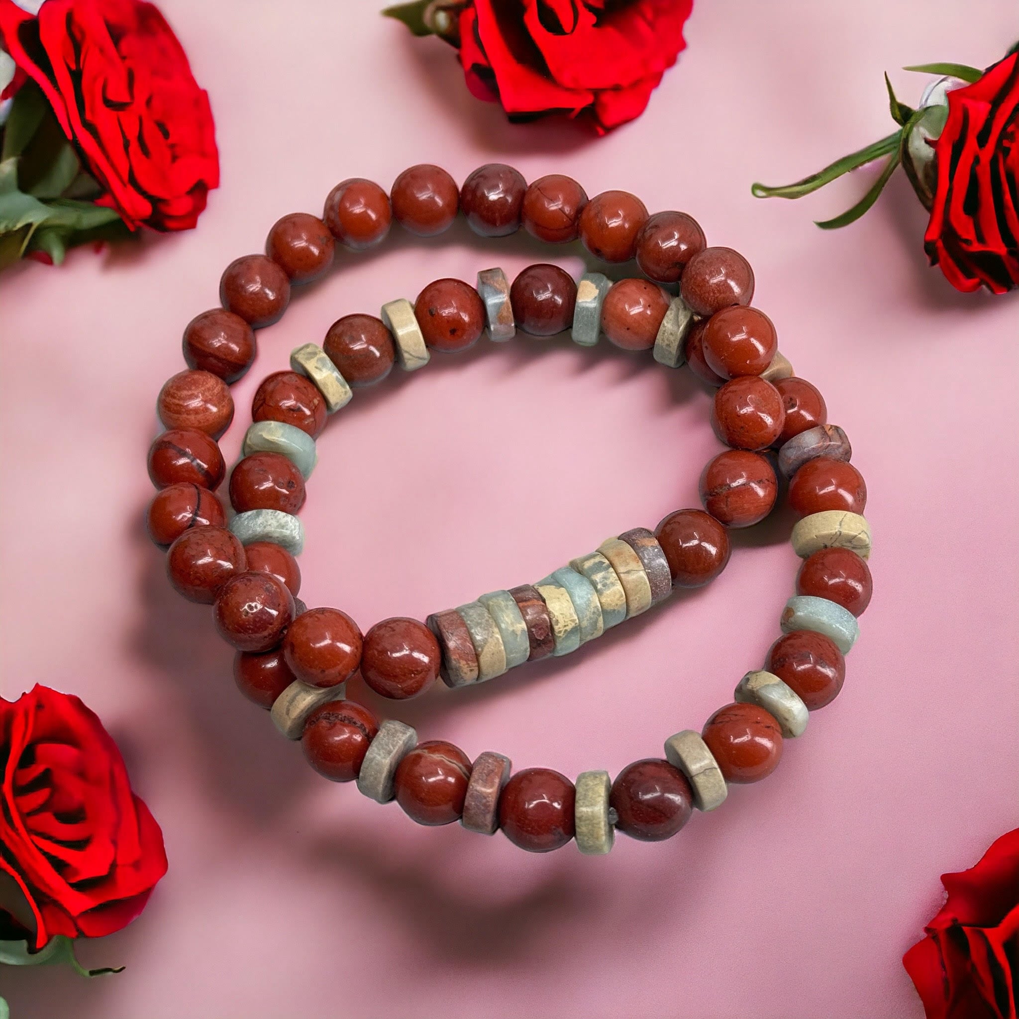 2 Armbänder: Roter Jaspis + Aqua Terra Perlen – Roter Jaspis 8 mm