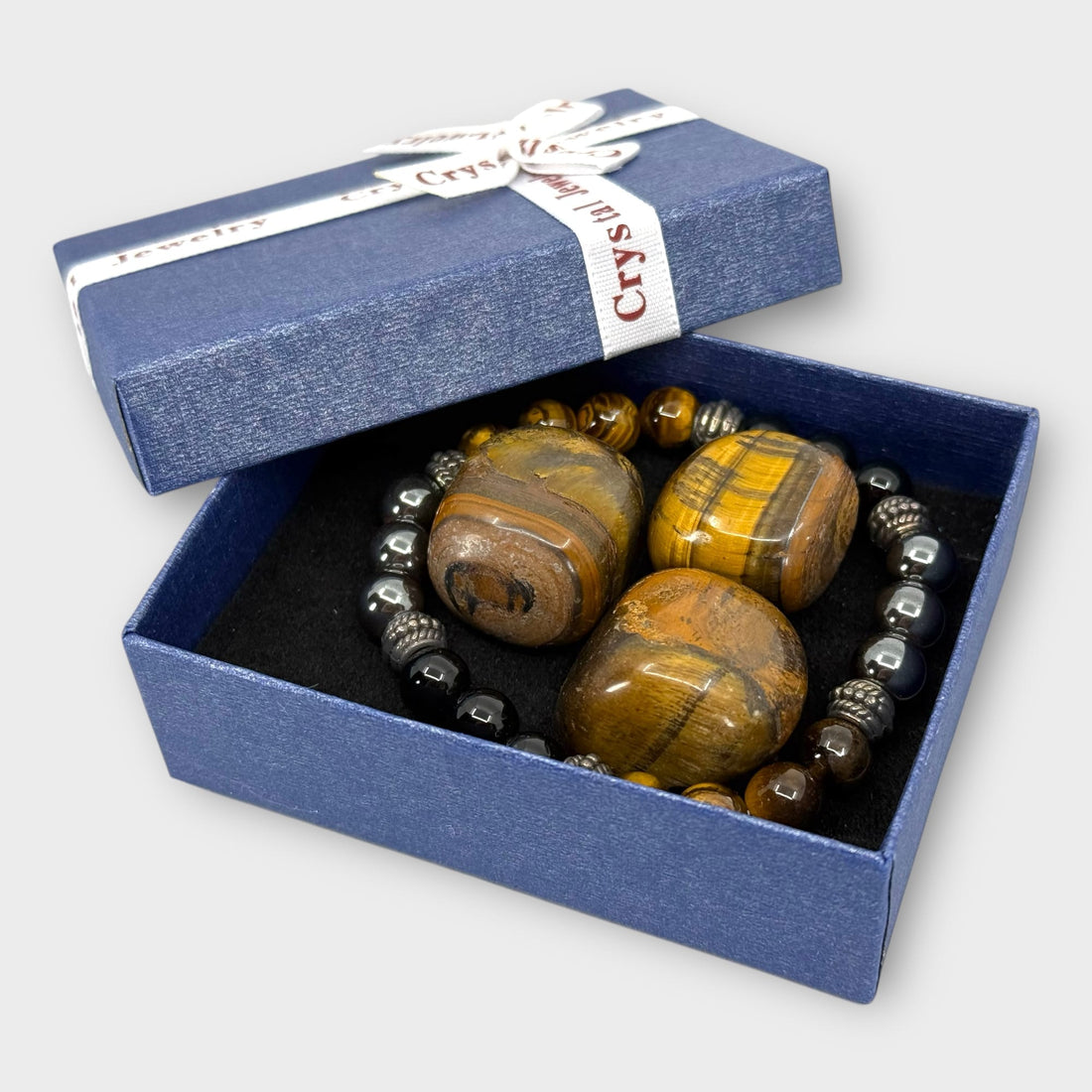 Tijgeroog, Zwart Obsidiaan & Hematiet Armband + 3 Edelstenen (incl. doosje)