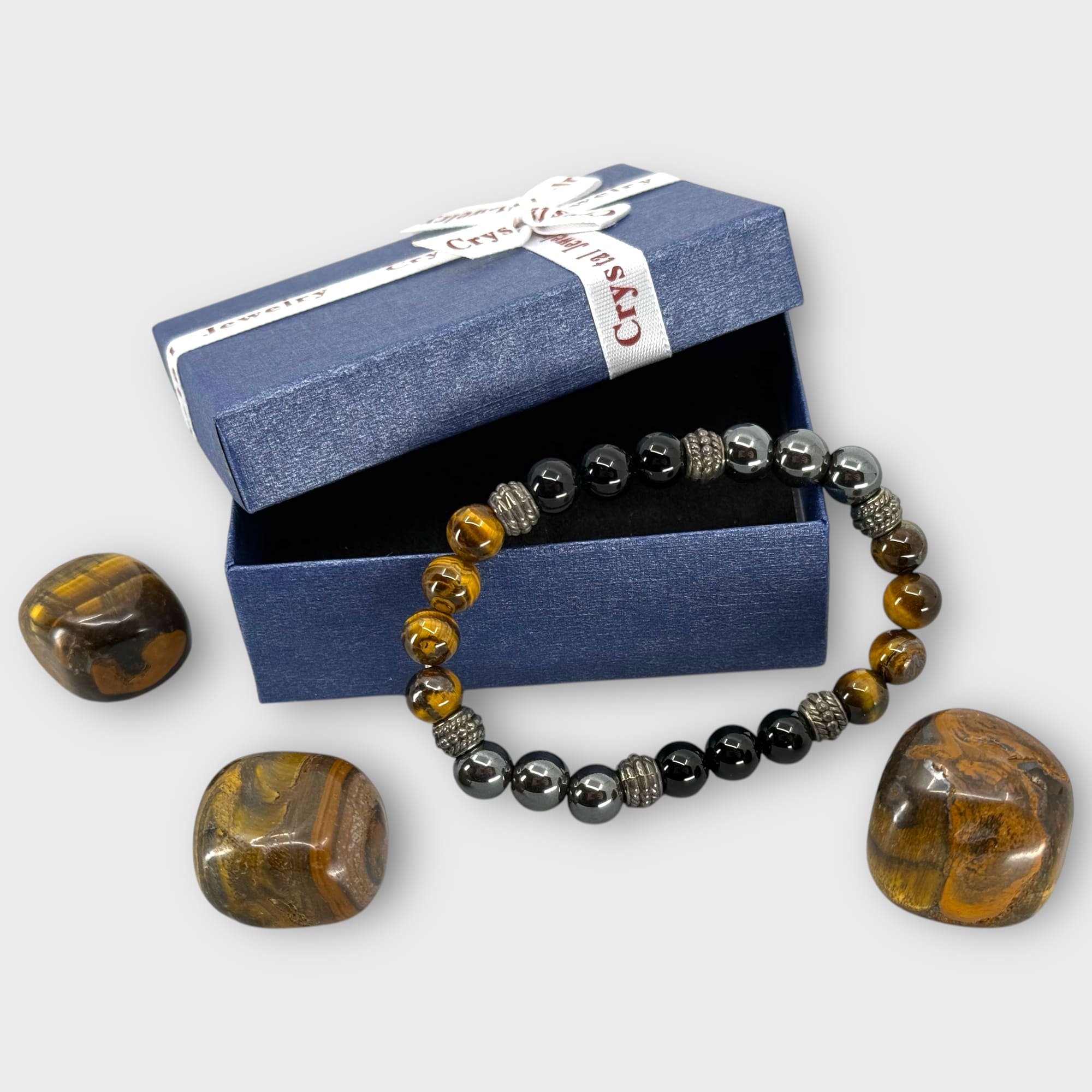 Tijgeroog, Zwart Obsidiaan & Hematiet Armband + 3 Edelstenen (incl. doosje)