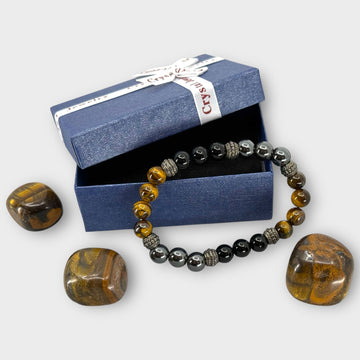Tijgeroog, Zwart Obsidiaan & Hematiet Armband + 3 Edelstenen (incl. doosje)
