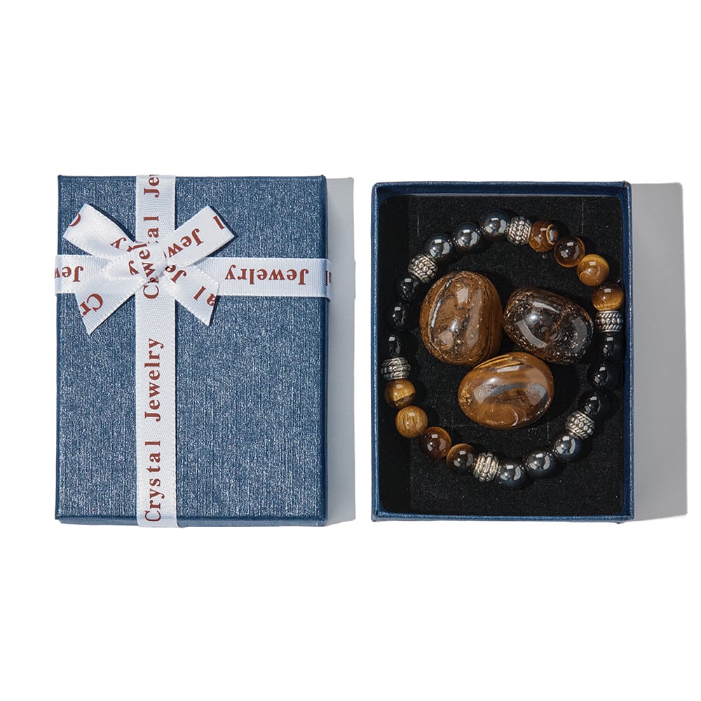 Tijgeroog, Zwart Obsidiaan & Hematiet Armband + 3 Edelstenen (incl. doosje)