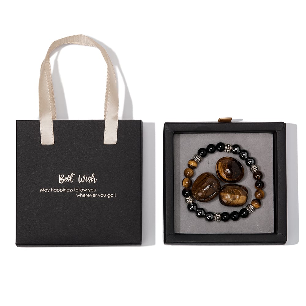 Tijgeroog, Zwart Obsidiaan & Hematiet Armband Geschenkset