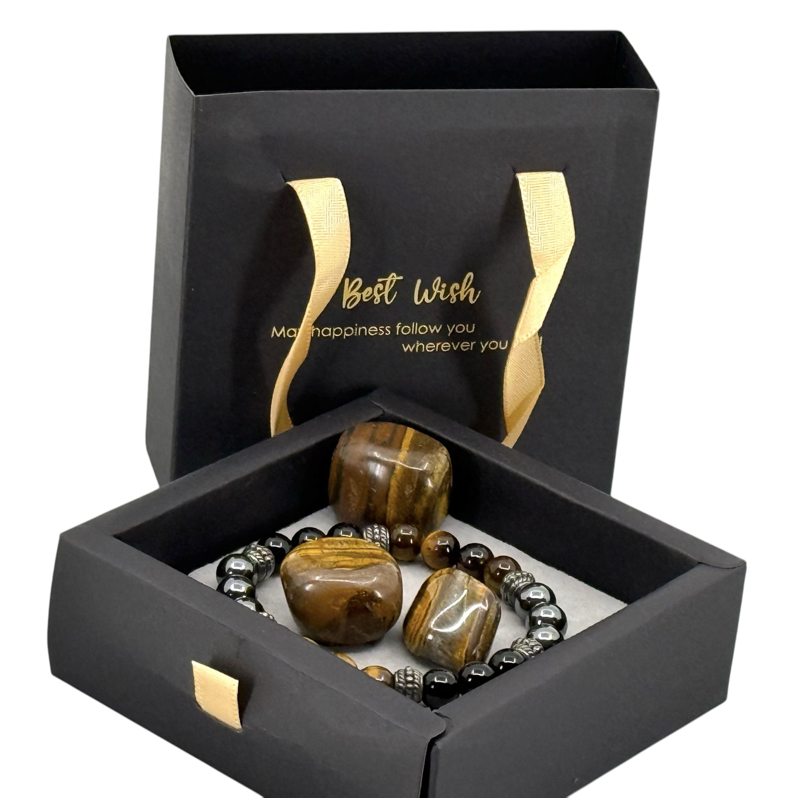 Tijgeroog, Zwart Obsidiaan & Hematiet Armband Geschenkset