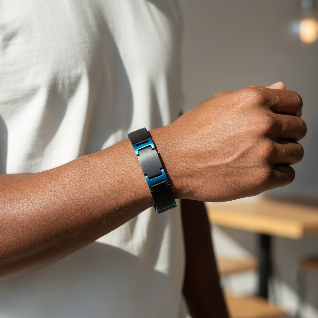 Titan Blue – Zwart Hout & Blauw RVS Armband met Gravure